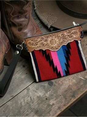 Handcrafted Red Southwestern Leather-Trim Wristlet